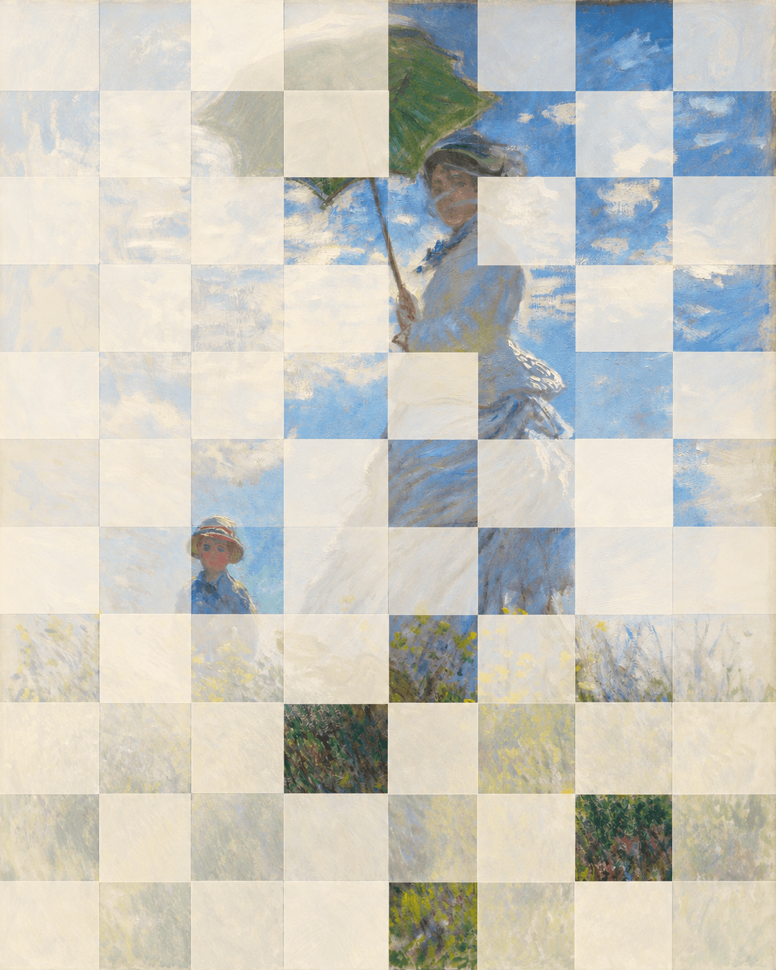 A Monet painting mostly hidden under soft mosaic squares